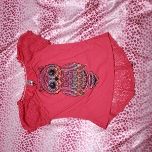 Beautees Coral Owl Graphic Kids Tee With Lace And Glitter Large (12)